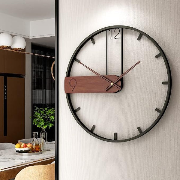 23.6-Inch Modern Walnut Dial Wall Clock with Metal Frame