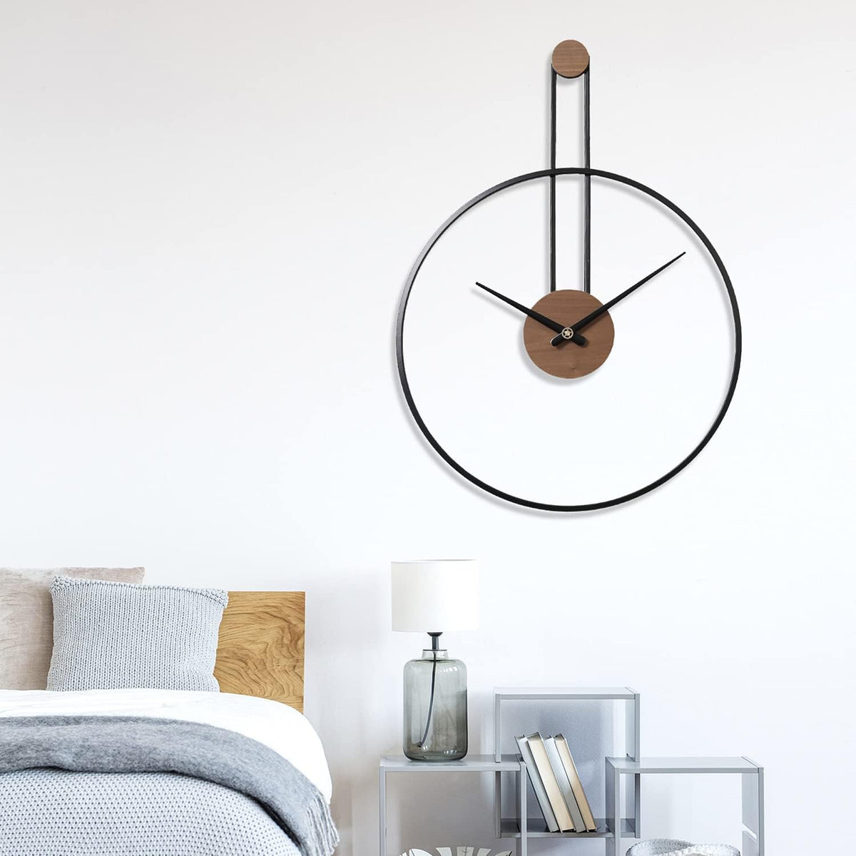 YISITEONE Medium Decorative Wall Clock for Living Room,Metal & Walnut Dial Home Decor Silent Non Ticking Lightweight Clocks for Bedroom, Study, Office Decorations, 24.4" X 17.7",Black