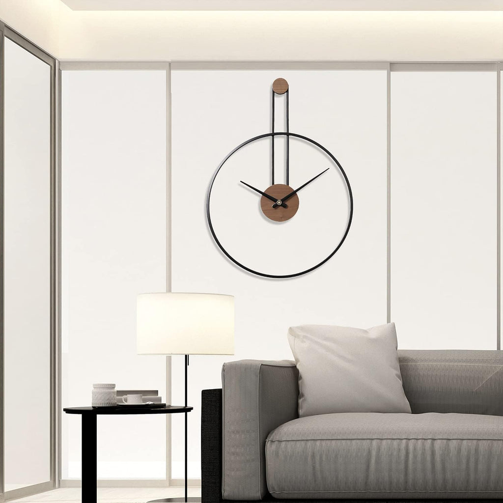 YISITEONE Medium Decorative Wall Clock for Living Room,Metal & Walnut Dial Home Decor Silent Non Ticking Lightweight Clocks for Bedroom, Study, Office Decorations, 24.4" X 17.7",Black