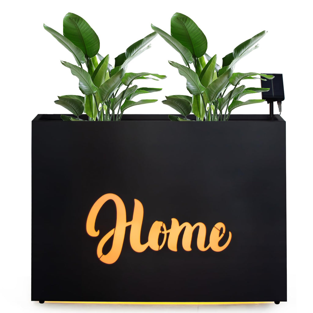 Metal LED Planter Box Rectangular Block - Galvanized Steel Long Planters Box with Solar Light Outdoor All-Weather Use with Drainage Holes for Cafe Bar Mall Store Patio/Porch/Entrance, 35.5×24×12IN