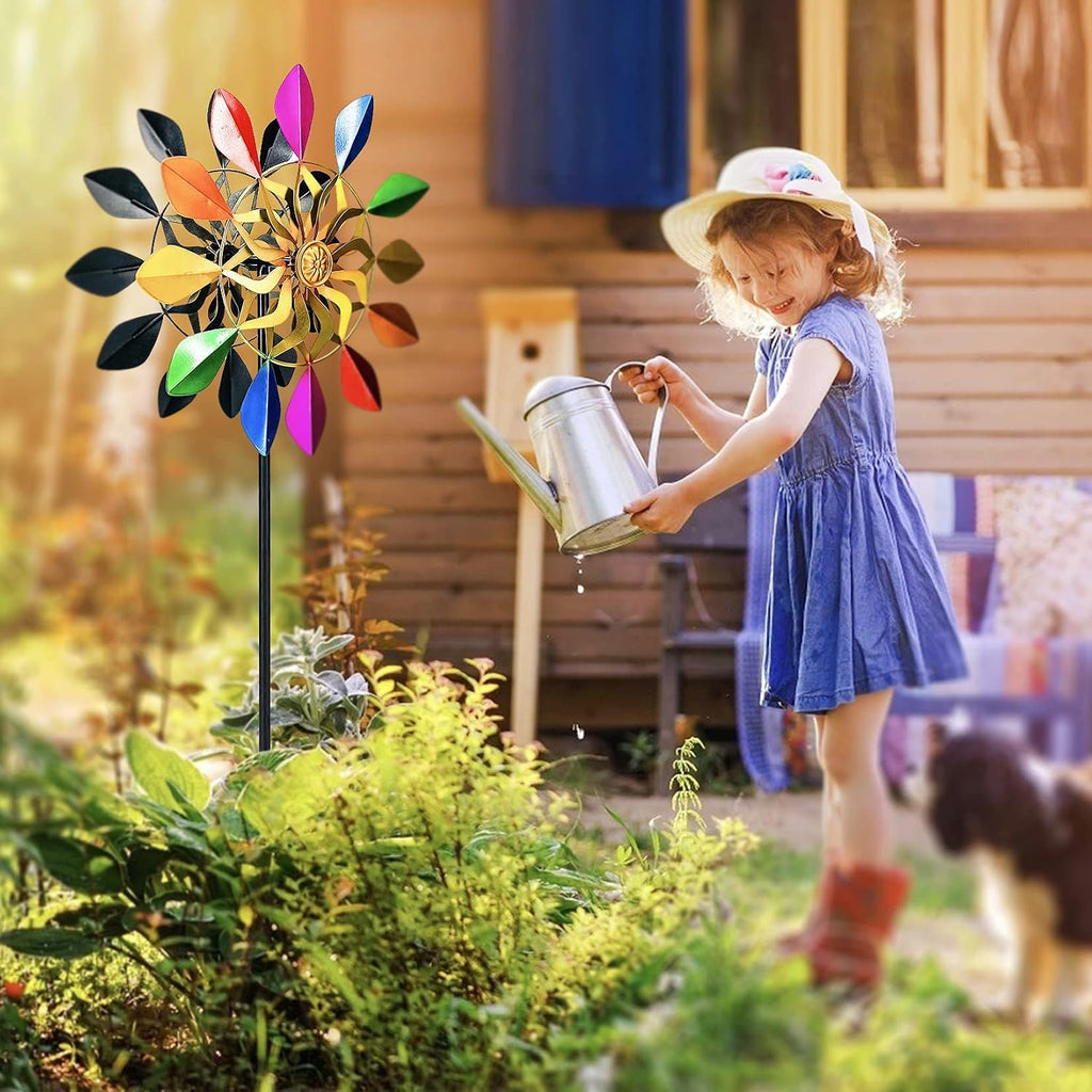 63 Inch Kinetic Wind Spinners with Garden Stake, Rainbow Metal Windmill Decorations, 360 Swivel Outdoor Wind Sculpture, Dual Direction Colorful Wind Catcher for Yard Art, Lawn, Garden Decor, Gifts
