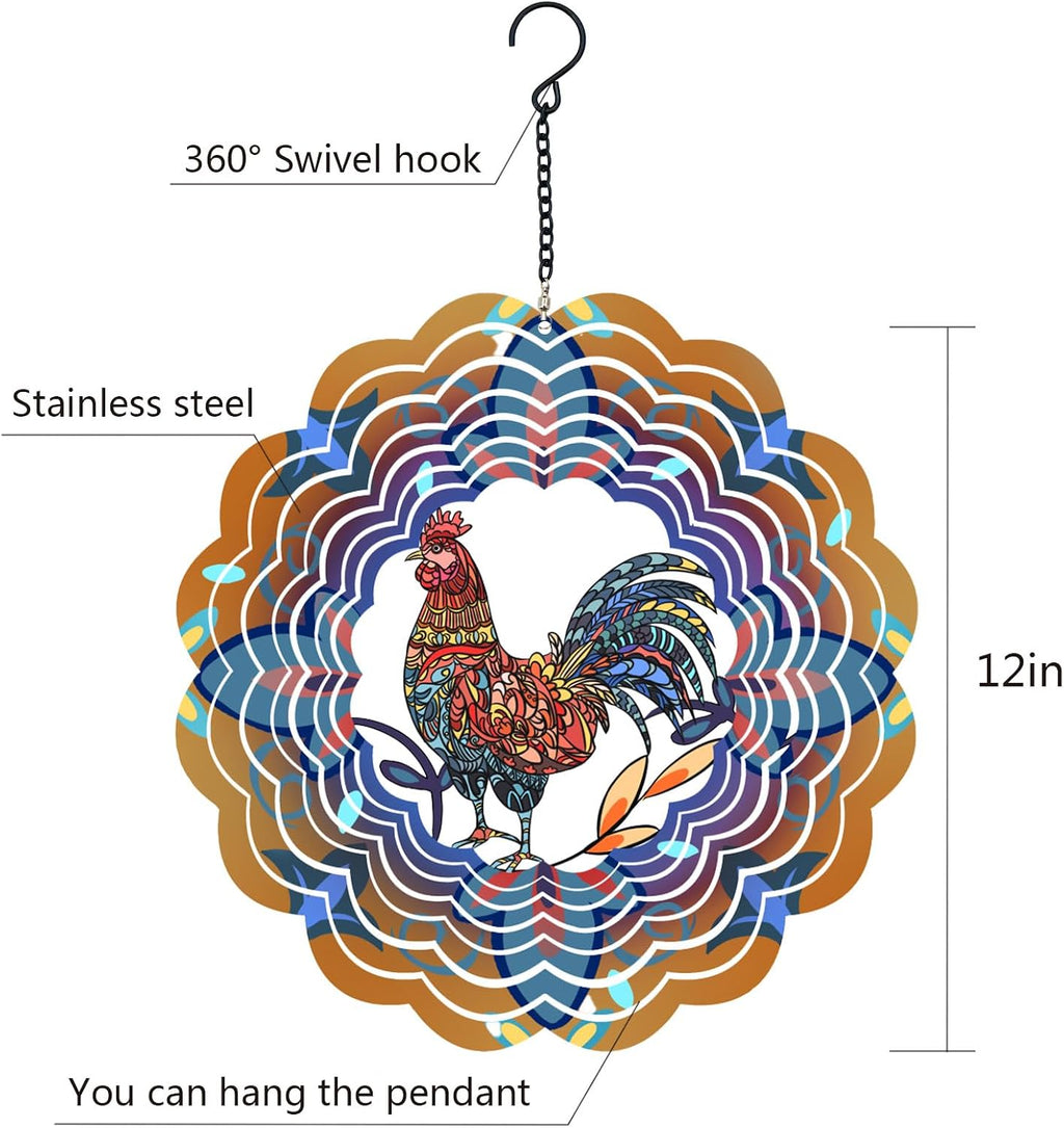 Rooster Metal Wind Spinners - Chicken Gifts for Women Mom Men Dad Grandpa,Hanging Wind Spinner for Outdoor & Indoor Decorations, 12 inch for Ornament Gifts