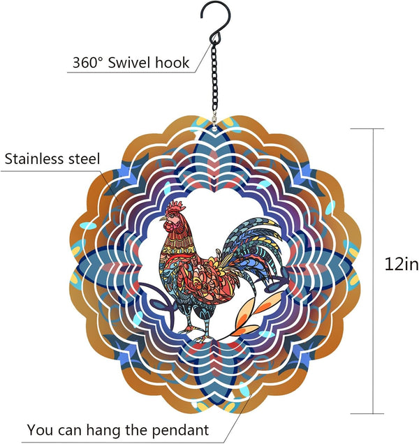 Rooster Metal Wind Spinners - Chicken Gifts for Women Mom Men Dad Grandpa,Hanging Wind Spinner for Outdoor & Indoor Decorations, 12 inch for Ornament Gifts