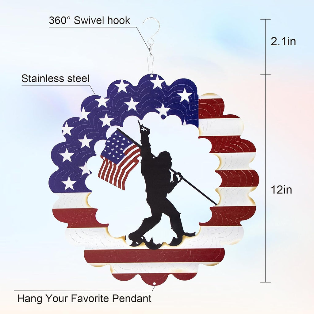 Bigfoot Sasquatch Metal Wind Spinner, American Flag Patriotic Garden Decor