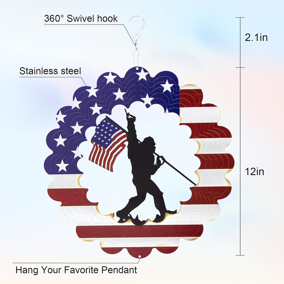 Bigfoot Sasquatch Metal Wind Spinner, American Flag Patriotic Garden Decor