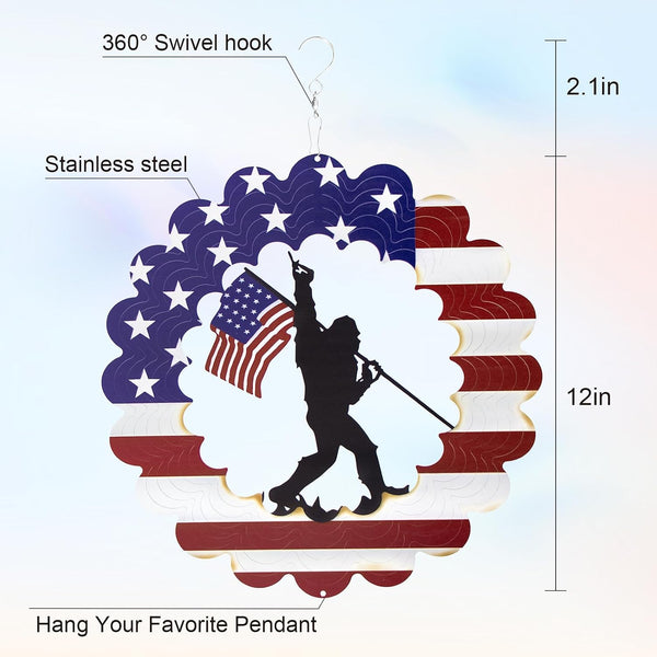 Bigfoot Sasquatch Metal Wind Spinner, American Flag Patriotic Garden Decor