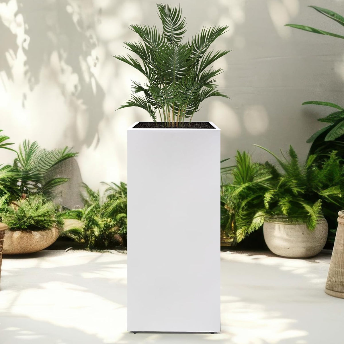 Metal Planter Box Rectangular Block - 30 ×12×12IN No Installation Required Galvanized Steel Tall Box Planter Modern Outdoor Planters All-Weather Use with Drainage Holes for Patio/Porch (White) Main image