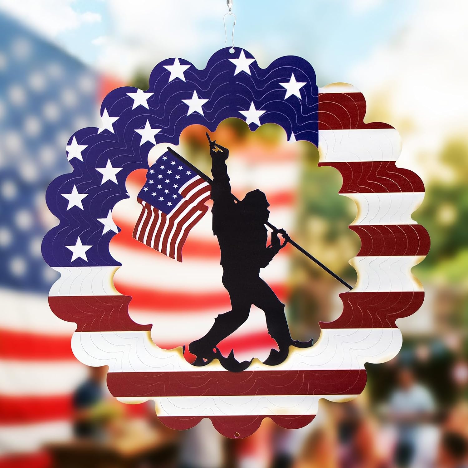 Bigfoot Sasquatch Metal Wind Spinner, American Flag Patriotic Garden Decor