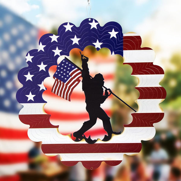 Bigfoot Sasquatch Metal Wind Spinner, American Flag Patriotic Garden Decor