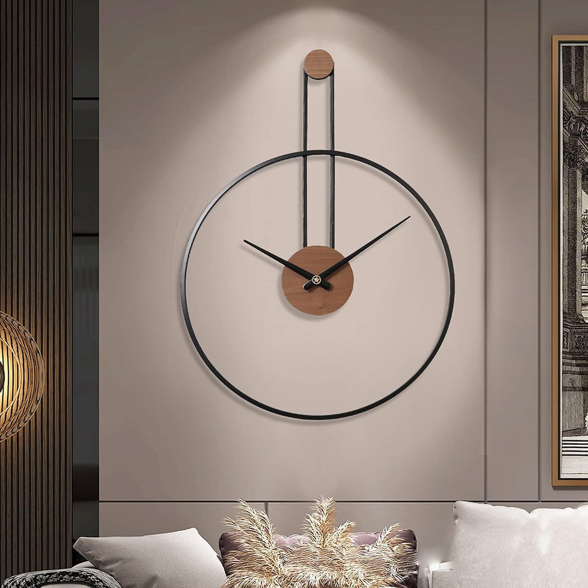 YISITEONE Medium Decorative Wall Clock for Living Room,Metal & Walnut Dial Home Decor Silent Non Ticking Lightweight Clocks for Bedroom, Study, Office Decorations, 24.4" X 17.7",Black Main image