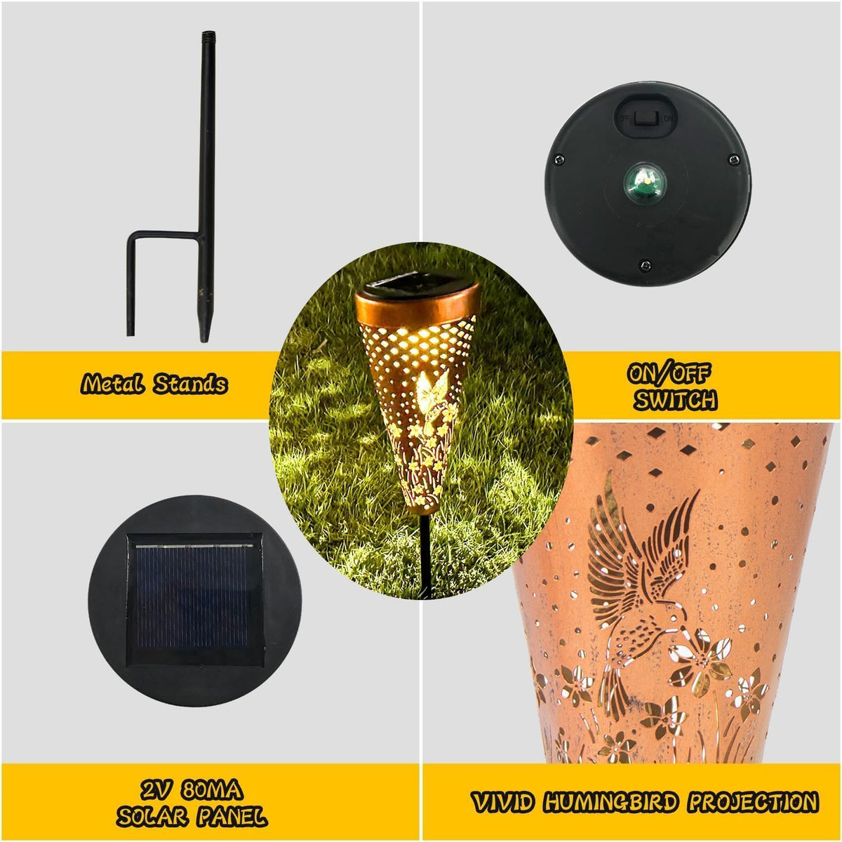 DIBIEECN 4 Pack Hummingbird Solar Pathway Lights Outdoor,Metal Garden Decorations Outdoor Lights with Patterns and Warm Light,Waterproof Landscape Lighting for Path Patio Backyard Walkway Yard