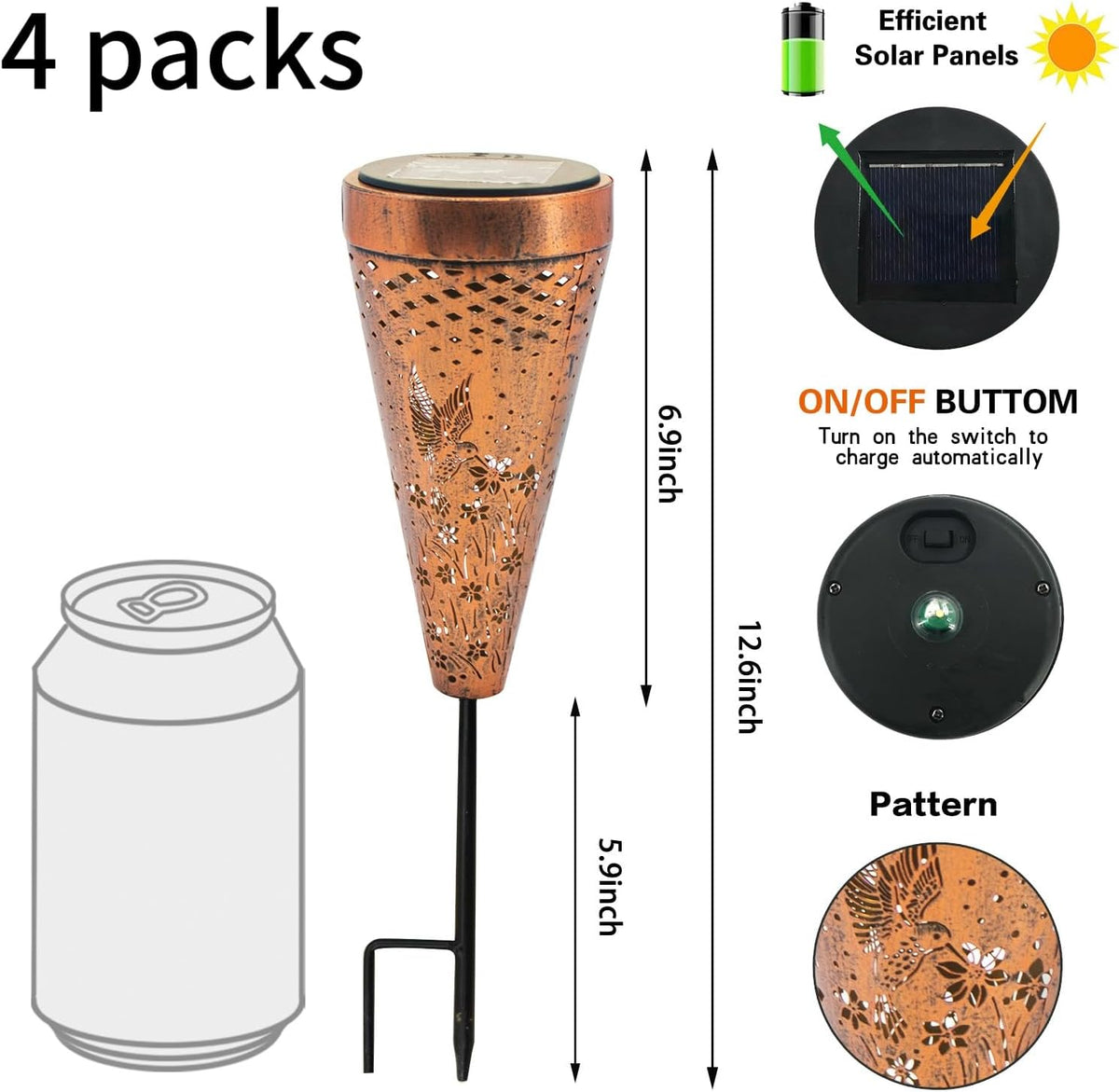 DIBIEECN 4 Pack Hummingbird Solar Pathway Lights Outdoor,Metal Garden Decorations Outdoor Lights with Patterns and Warm Light,Waterproof Landscape Lighting for Path Patio Backyard Walkway Yard