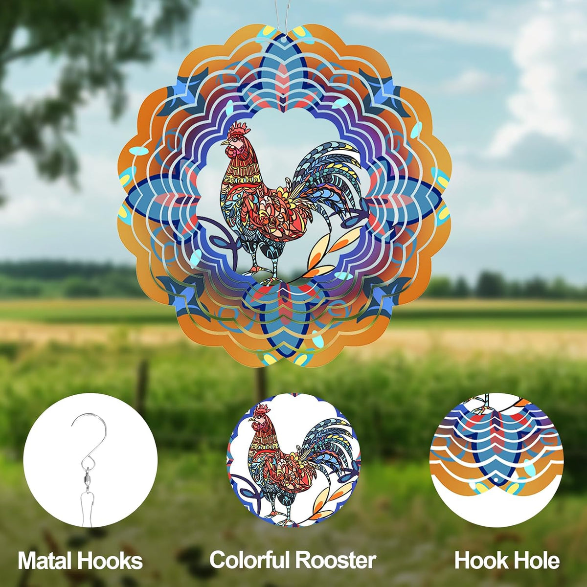 Rooster Metal Wind Spinners - Chicken Gifts for Women Mom Men Dad Grandpa,Hanging Wind Spinner for Outdoor & Indoor Decorations, 12 inch for Ornament Gifts