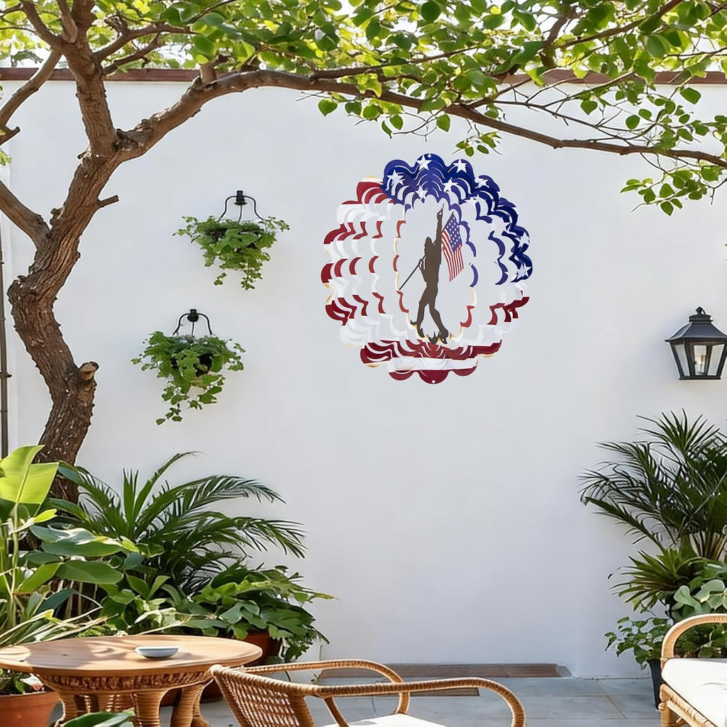 Bigfoot Sasquatch Metal Wind Spinner, American Flag Patriotic Garden Decor