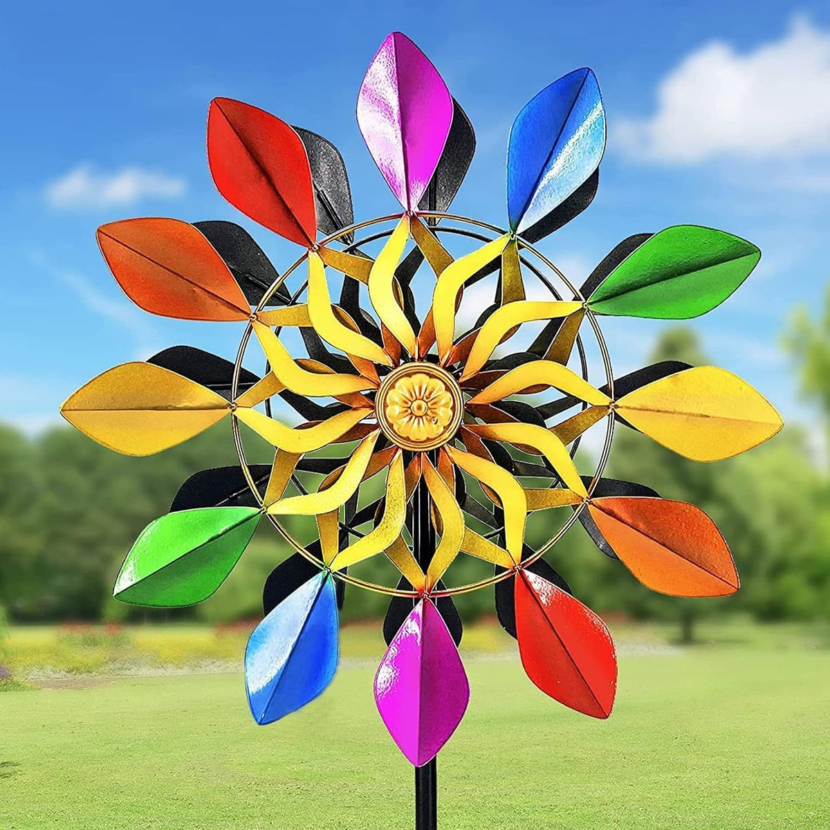 63 Inch Kinetic Wind Spinners with Garden Stake, Rainbow Metal Windmill Decorations, 360 Swivel Outdoor Wind Sculpture, Dual Direction Colorful Wind Catcher for Yard Art, Lawn, Garden Decor, Gifts Main image