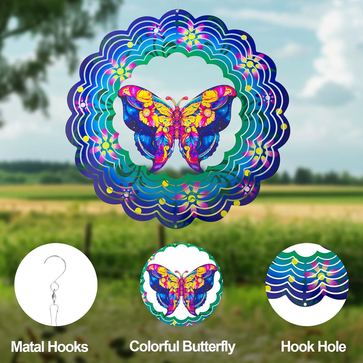 Butterfly Metal Wind Spinners - Butterfly Gifts for Women Mom Grandma Wife, Hanging Wind Spinner for Outdoor & Indoor Decorations, 12 inch for Ornament