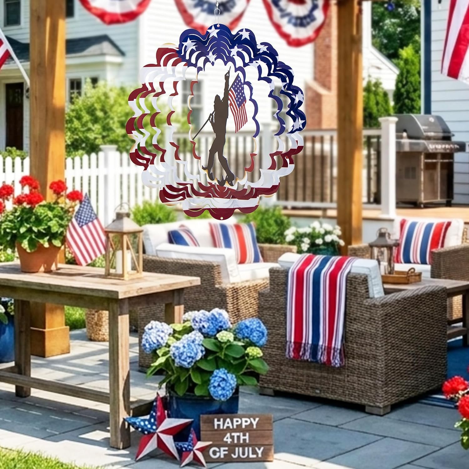 Bigfoot Sasquatch Metal Wind Spinner, American Flag Patriotic Garden Decor Secondary image