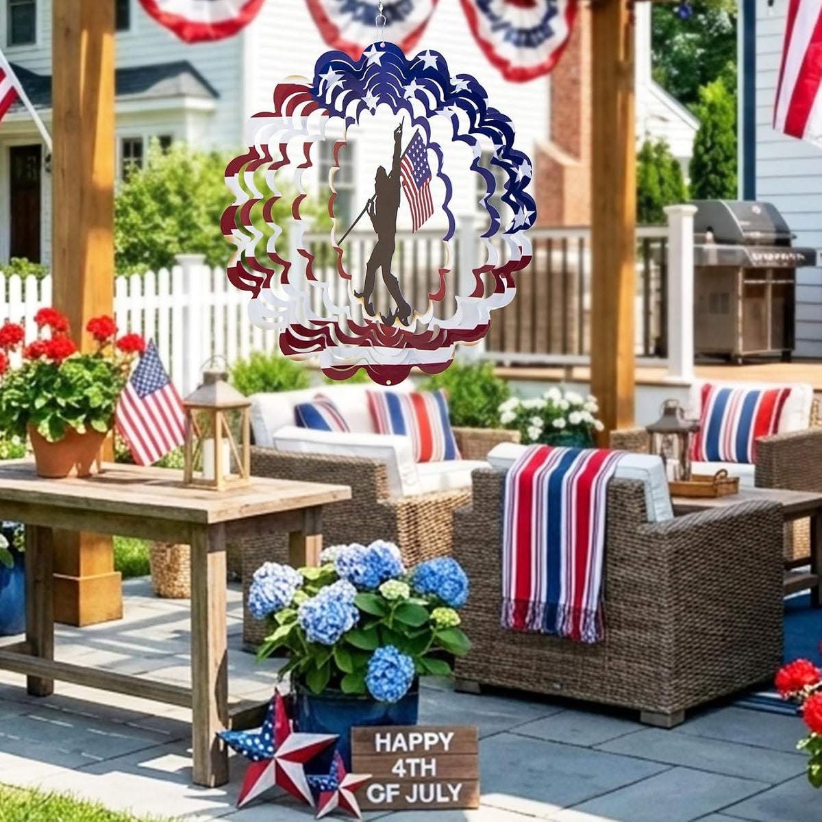 Bigfoot Sasquatch Metal Wind Spinner, American Flag Patriotic Garden Decor