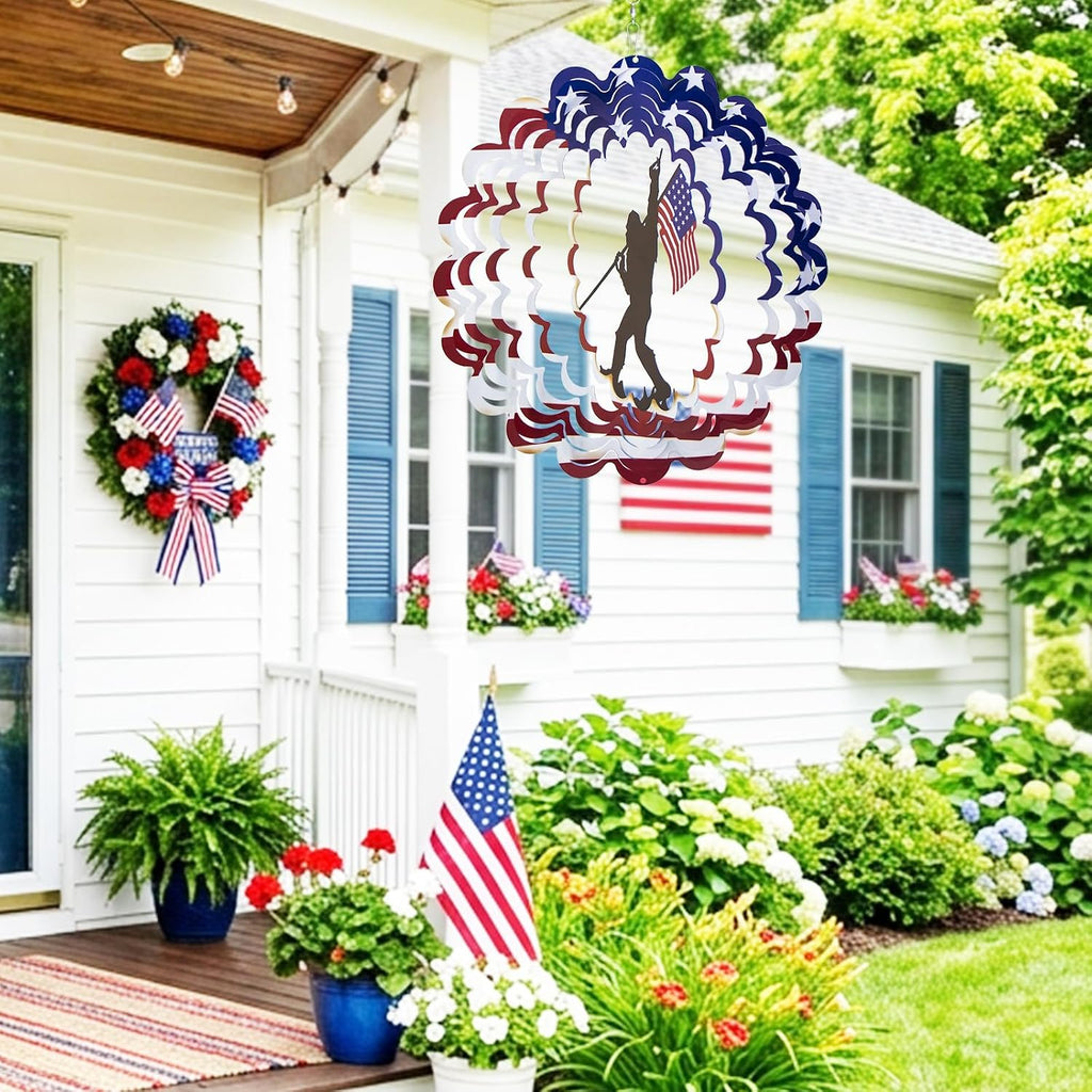 Bigfoot Sasquatch Metal Wind Spinner, American Flag Patriotic Garden Decor