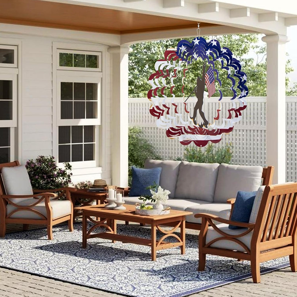 Bigfoot Sasquatch Metal Wind Spinner, American Flag Patriotic Garden Decor