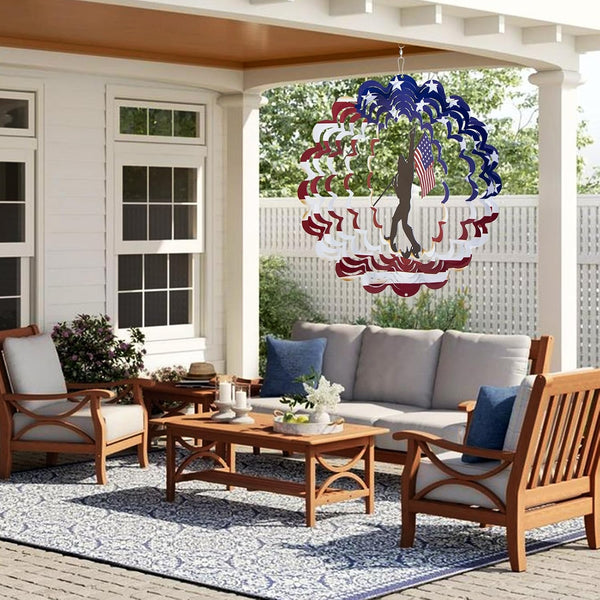 Bigfoot Sasquatch Metal Wind Spinner, American Flag Patriotic Garden Decor