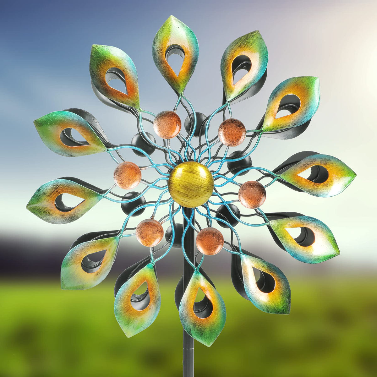 63 Inch Kinetic Wind Spinners with Garden Stake, Rainbow Metal Windmill Decorations, 360 Swivel Outdoor Wind Sculpture, Dual Direction Colorful Wind Catcher for Yard Art, Lawn, Garden Decor, Gifts